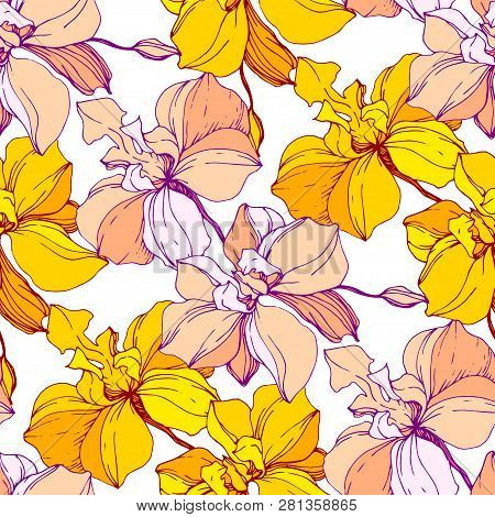 Vector Orange Orcid Floral Botanical Flower. Engraved Ink Art. Seamless Background Pattern.