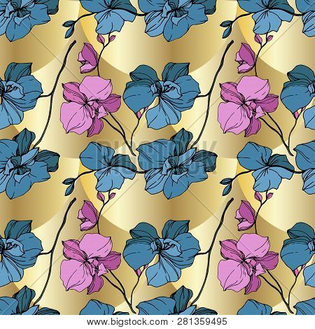Vector Pink And Blue Orcid Floral Botanical Flower. Engraved Ink Art. Seamless Background Pattern.