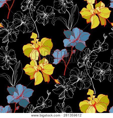 Vector Blue And Yellow Orcid Floral Botanical Flower. Engraved Ink Art. Seamless Background Pattern.