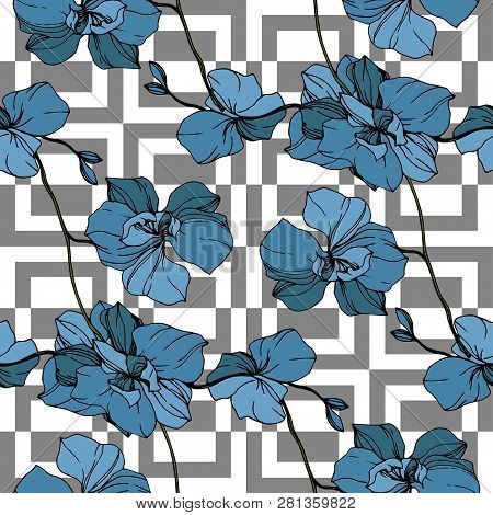 Vector Blue Orcid Floral Botanical Flower. Engraved Ink Art. Seamless Background Pattern.