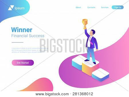 Business Trophy Rating Award Winner Concept Vector Flat 3d Web Isometric Infographic. Businessman On
