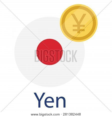 Japan Flag And Yen Golden Coin. Japanese Yen Currency. Yen Exchange Money Icon