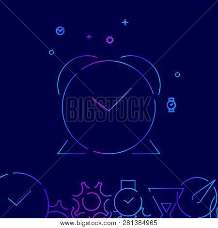 Alarm Clock Vector Line Icon. Reminder Gradient Symbol, Pictogram, Sign. Dark Blue Background. Light