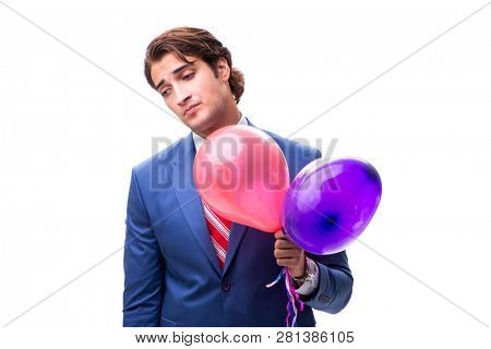 Elegant businessman with balloons isolated on white