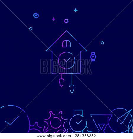 Cuckoo Clock Vector Line Icon. Vintage Wooden Wall Clock Gradient Symbol, Pictogram, Sign. Dark Blue