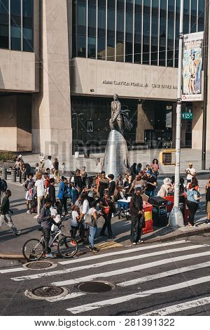 New York, Usa - June 01, 2018: People By The Statue Of Adam Clayton Powell Jr. In Harlem, Nyc. Since