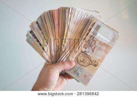 Hands Counting Of Thousansds Thai Baht Money.close Up Human Counting Thai Banknote, Richman Count An