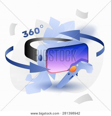 Vector Virtual Reality Glasses With Controller. Modern Bright Concept Of Vr Games And Entertainment.