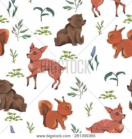Seamless Pattern With Teddy Bear, Baby Deer, Squirrel,  Bush, Flowers, Leaves, Berries. Cute Cartoon