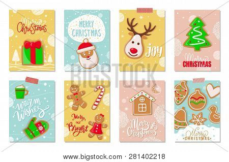 Merry Christmas Winter Holiday Greeting Cookies Vector. Gingerbread Biscuit In Shape Of Pine, Reinde