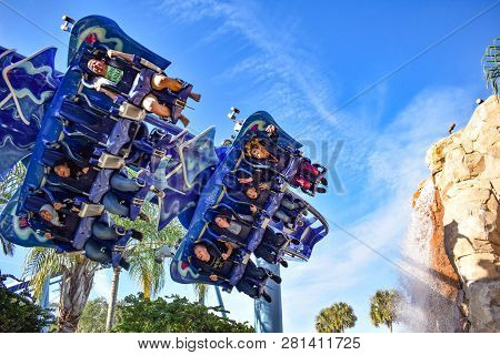 Orlando, Florida. December 19, 2018. Amazing View Of Manta Ray Rollercoaster At Seaworld Theme Park.