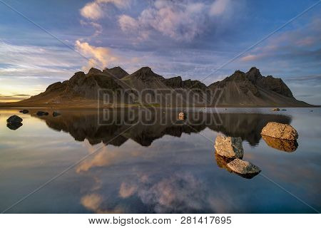 Sunset At Vestrahorn, A 454 Metre Tall Scree Mountain, Mainly Made Up Of Gabbro And Granophyre Rocks
