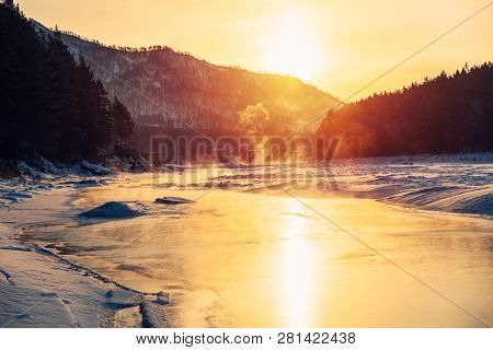 Winter Snow Frozen River In Mountains. Snow Winter Mountain River Valley Landscape. Winter Snow Froz