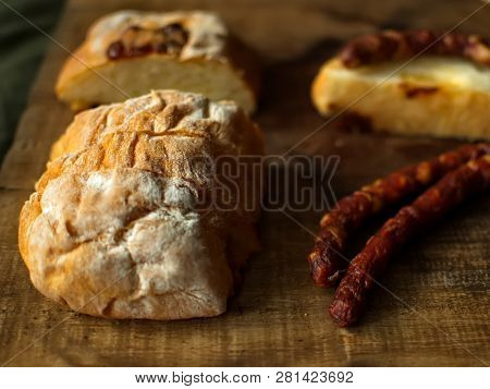Ciabatta.ciabatta Bread With Sausage. Homemade Italian Ciabatta Bread Top View. Bread With Cheese.