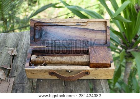 Mallet Hammer Made Of Burl Wood Tools For Used By Carpenter In Workshop On Isolated Blurred Backgrou