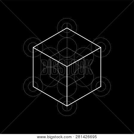 Sacred Geometry Vector Metatrons Cube Illustration With Construction Lines On Black Background