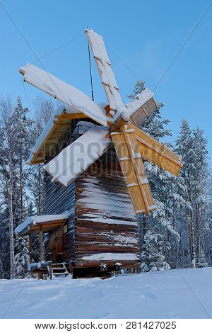 Wooden Mill Covered With Snow, Tourist Complex Malye Karely, Arkhangelsk Region, Russia, The Wooden 