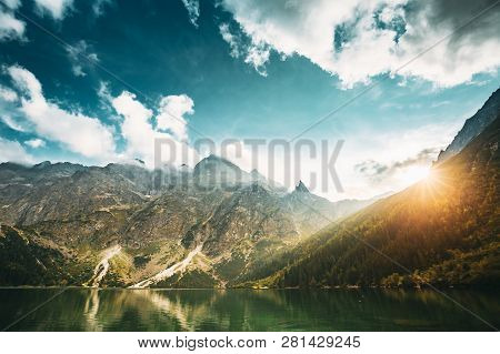 Tatra National Park, Poland. Famous Mountains Lake Morskie Oko Or Sea Eye Lake In Summer Evening. Be