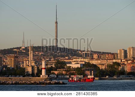Evening View From The Bosphorus On Uskudar District, Lighthouse And The Camlıca Trt Television Tower
