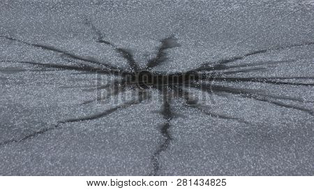 Frozen River Water River With Small Open Water. Transparent Polynya Froze. Little Polynya On Lake. C