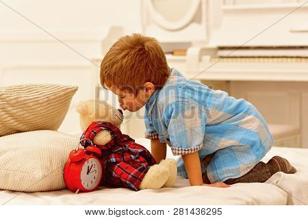 Little Boy Playing With Bear. Happy Childhood. Care And Development. Little Boy Play At Home. Happy 