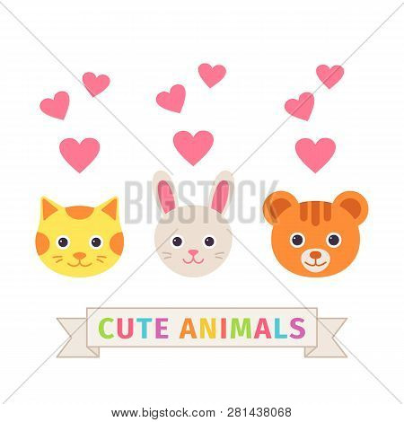 Cat Hare, Bear Faces. Vector. Cute Animal Head. Cartoon Happy Kitten, Bunny, Bear Character Set. Swe