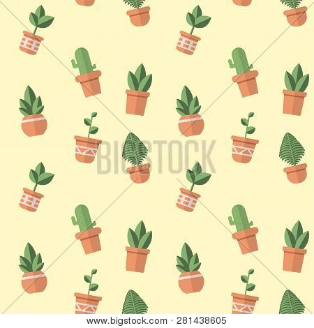 Plants And Pots Seamless Pattern Illustration Yellow Background