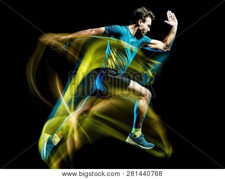 one caucasian runner running jogger jogging man light painting speed effect  isolated on black background