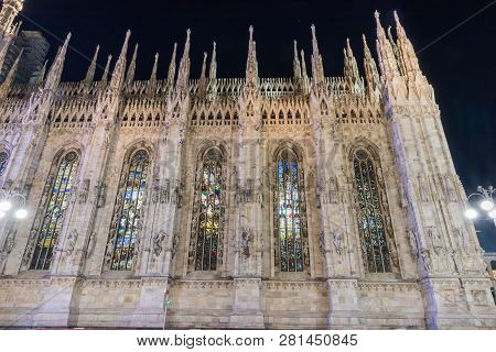 Beautiful Catholic Church Duomo Di Milano Illuminated At Night From Italy