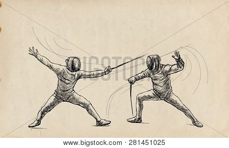 Competitive Fencing - Two Sportmen, Athletes In A Match. An Hand Drawn Illustration. Freehand Sketch