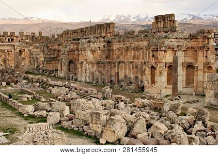 Baalbek - Ruins Of The Great Court Of The Ancient Phoenician City With Range Of Mountains At The Bac