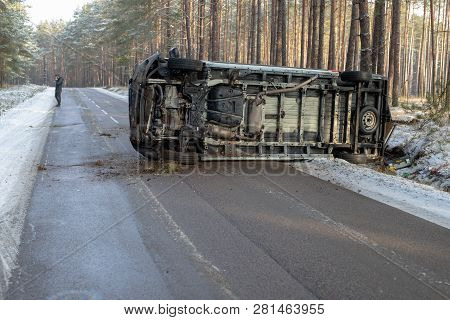 Podlesie, Pomorskie / Poland - January, 30, 2019: A Road Accident Of A Delivery Vehicle On An Icy Ro