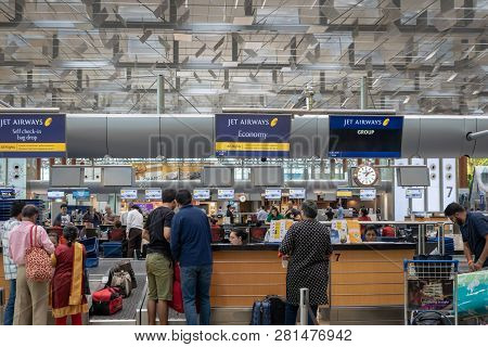 Singapore - January 2019: Jet Airways Check-in Counter In Singapore Changi Airport. Jet Airways Is A