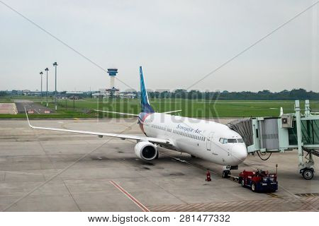 Medan, Indonesia - January 2019: Sriwijaya Air Aircraft On Runway Of Kualanamu Medan Airport, Medan,