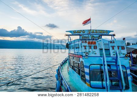 Lake Toba, Indonesia - January 2018: Ferries For Passengers On Lake Toba At Sunset, North Sumatra In