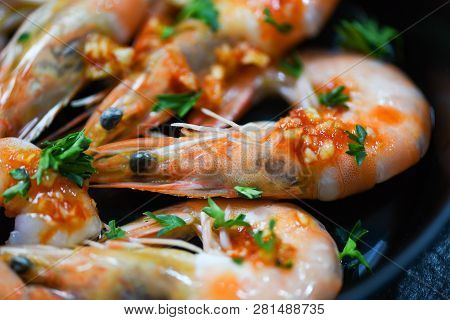 Seafood Plate With Shrimps Prawns Ocean Gourmet Dinner Seafood Cooked With Sauce Herbs And Spices On