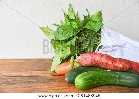 Zero Waste Use Less Plastic Say No Plastic Bag Concept / Fresh Vegetables Organic In Eco Cotton Fabr