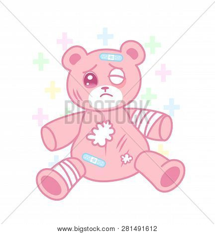 Cute Suffering Bear With Injured Body In Yami Kawaii Style