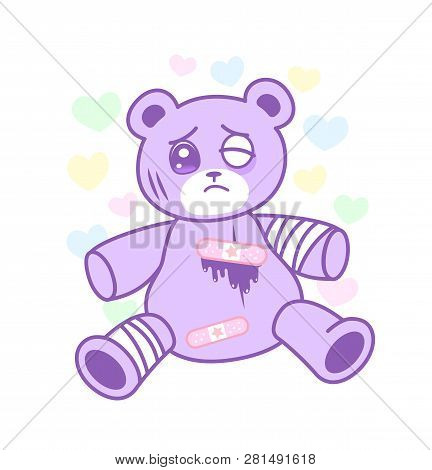 Suffering Bear Toy With Injured Body In Yami Kawaii Style