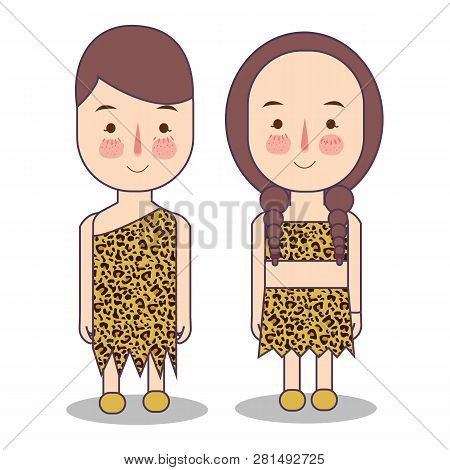 Man And Woman Wearing Tribal Costume Dress Made Of Tiger Leopard Skin. African Native Tribe Pre-hist
