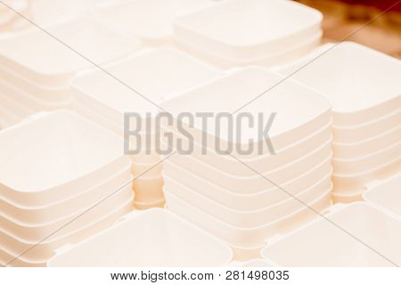 Folded White Transparent Plastic Container.stack Of Plastic Containers, Boxes.say No To Plastice Tex