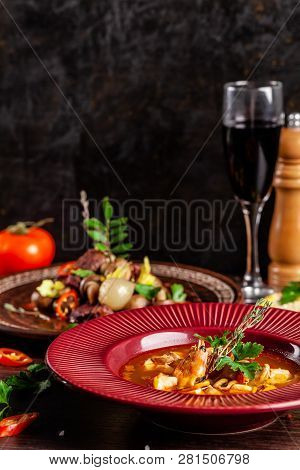Concept Of French Cuisine. Laid Table In A Restaurant For A Celebration Of Different Dishes. Backgro