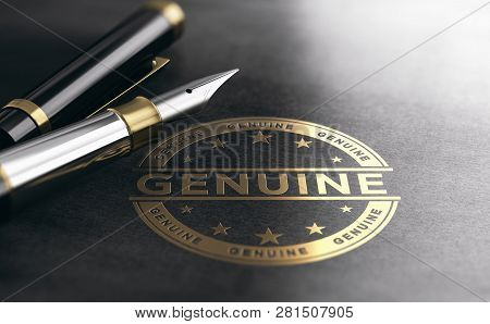 3d Illustration Of A Genuine Golden Stamp On Black Paper Background. Document Authentication Concept