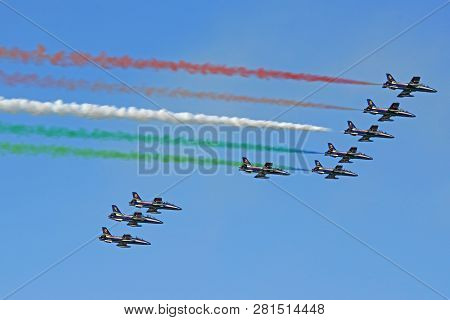 Lido Di Jesolo, Italy - September 1: Demoteam Frecce Tricolori Airshow September 1, 2013 In The Medi