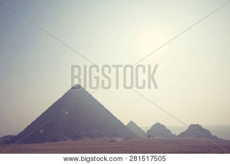 View of the Pyramids of Giza, Great pyramids of Egypt.