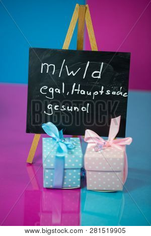 Male, Female, Divers, No Matter, The Main Thing Is Healthy, Chalkboard With Gifts In Pink And Blue P