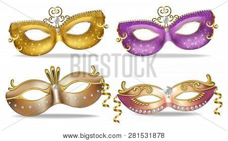 Golden And Purple Masks Set Collection Vector Realistic. Stylish Masquerade Party. Mardi Gras Card I