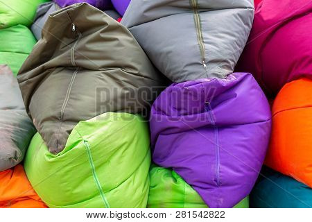 Vibrant And Colorful Bean Bags On A Seminyak Beach Bali On 11th December 2018