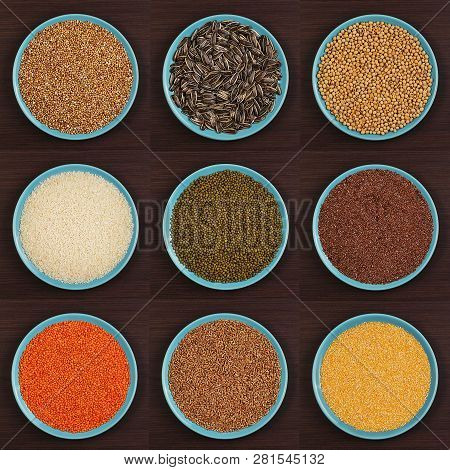 Different Types Of Groats In Dish On A Brown Background. Various Groats, Cereals. Healthy Nutrition 