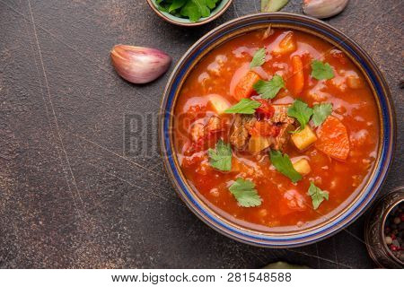 Thick Tomato Soup With Meat, Cereals And Vegetables. Traditional Oriental Cuisine, Spicy Stew With B